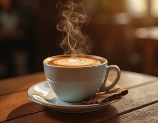 A cozy cup of warm coffee with delicate steam and latte art