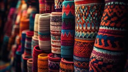 Colorful cylindrical textiles beautifully arranged in a market display