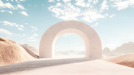 Surreal desert minimalist landscape with arch under blue sky with clouds.