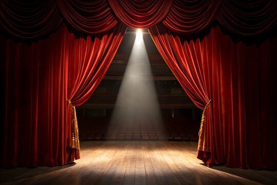 Shooshtime theater stage with red curtain, spotlight and wooden floor scene