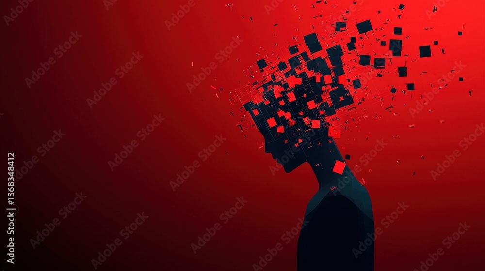 Poster abstract hacker dissolving into red data particles