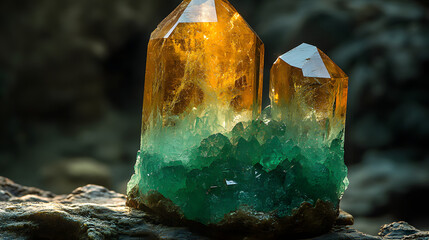 Stunning close-up of golden and green crystal formations illuminated by soft natural light