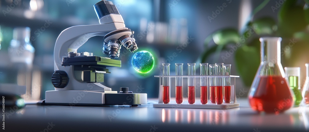 Poster a modern, high-tech research laboratory featuring a digital microscope and various advanced scientif