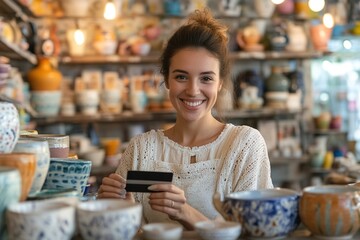 Happy female customer paying with a credit card in a ceramic store