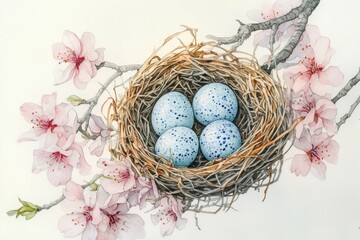 Obraz premium Morning Dew on the Nest, Birds nests with eggs