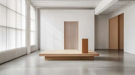 Fototapeta premium 125. A simple, sleek podium with clean lines, positioned in a spacious, light-filled room with enough space to display an exclusive product