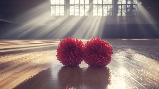 Radiant illumination highlights two vibrant crimson pompons placed on polished wooden flooring in a spacious interior setting
