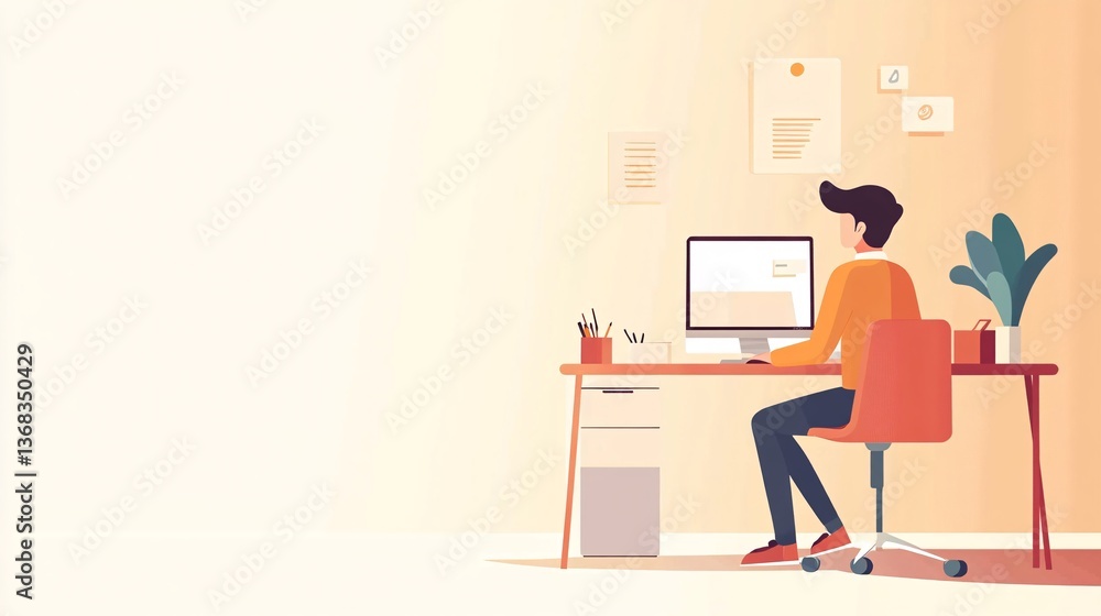 Poster Office worker using desktop computer, working or studying from home or office