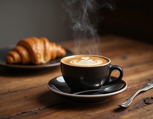 Warm coffee with croissant on rustic wooden table