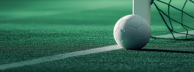 Naklejka premium Football sphere near the white line awaiting game play on lush green field positioned close to the goalpost