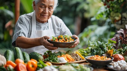 Elderly Hands Gently Placing a Bowl of Freshly Prepared Warm and Nourishing Homemade Meal, Reflecting the Wisdom and Traditions of a Lifetime.
