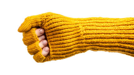 Clenched fist wearing knitted sweater, warm garment gesture, cut out transparent