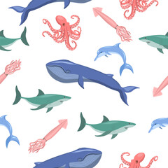 Seamless pattern of shark,dolphin,whale,octopus, squid on a white background.Vector marine pattern for textiles, wallpapers, and backgrounds.