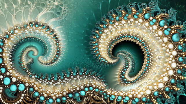 Fototapeta Stunning spiral design featuring beautiful blue and white swirls merging with deep emerald and gold fractals in a mesmerizing display.