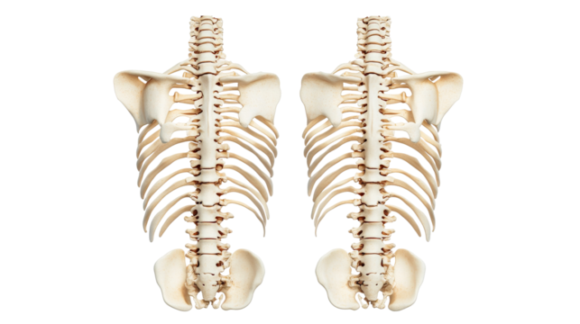 Two human torso skeletons isolated on black background, cut out transparent