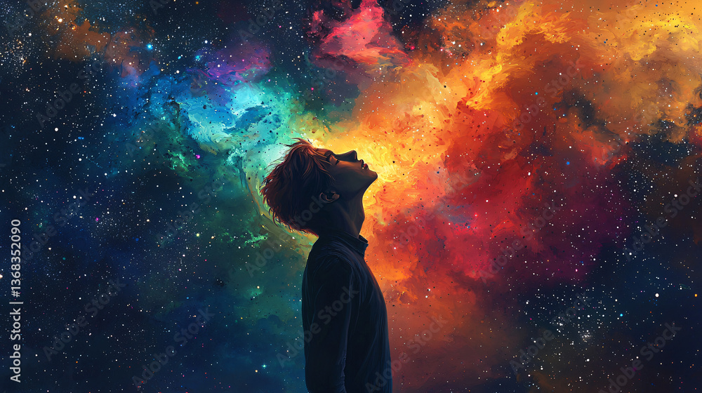 Poster person gazing up at the expansive sky filled with dreamy clouds and an infinite spectrum of colors c