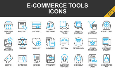 E-commerce Tools icon set vector in line color style for shopping, website, app, UI, UX, presentation, finance, and other.