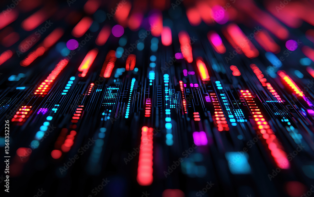 Poster futuristic data visualization with vibrant neon colors, showcasing dynamic patterns and lines repres