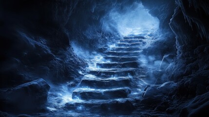 Ice cave stairs leading to light; mystical background; fantasy game concept