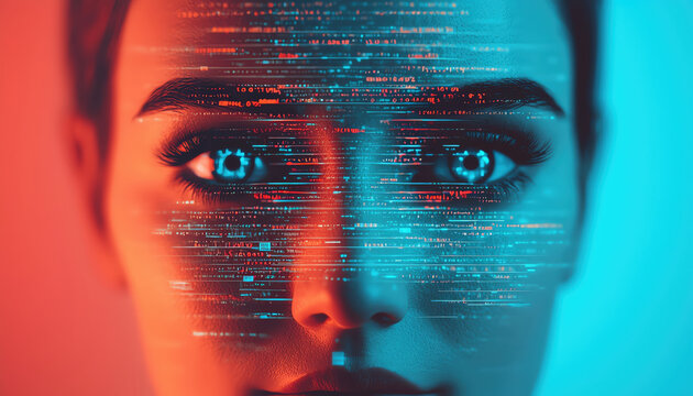 close up of face with digital data overlay, showcasing blend of technology and human features, evoking sense of futuristic innovation