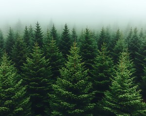 Obraz premium Misty Evergreen Forest Aerial View.