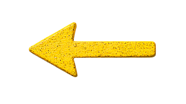Textured yellow arrow pointing left on black background, cut out transparent