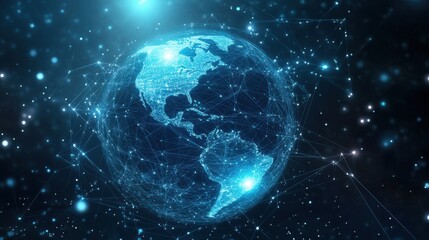 Obraz premium Global Network Connection Futuristic Earth with Illuminated Lines and Nodes