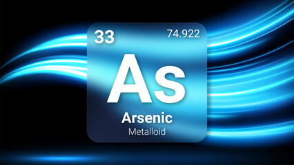 Arsenic (As) (033) Metalloid, Glass Morphism Element Futuristic Neon Light Glow Background Periodic Table, Chemical Symbol, Name, Atomic Mass, Atomic Number, Vector Illustration
