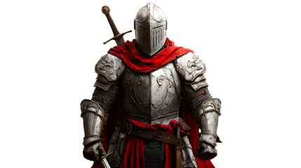 Medieval knight in shining armor with swords, epic, red cloak, cut out transparent