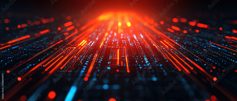 Aufkleber vibrant digital landscape with glowing red and blue lines representing data flow, creating sense of 