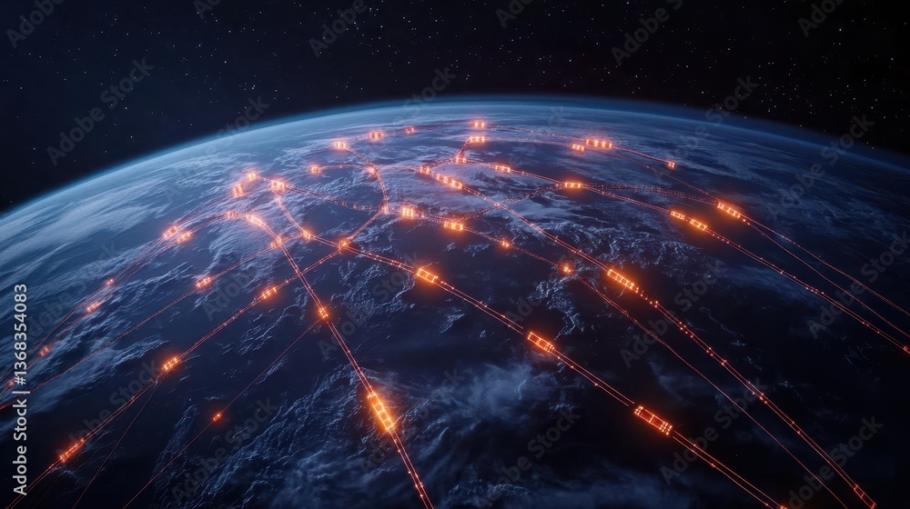 Poster digital rende of earth from space showcasing glowing orange lines connecting points globally, symbol
