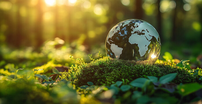 A serene glass globe on moss, perfect for eco-friendly themes, conservation events, or spring campaigns highlighting sustainability and nature appreciation.