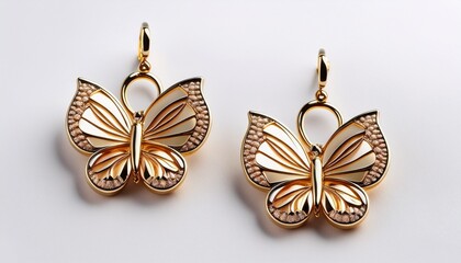 Fototapeta premium Photo d'une paire de boucles d'oreilles papillon prises sur fond blanc