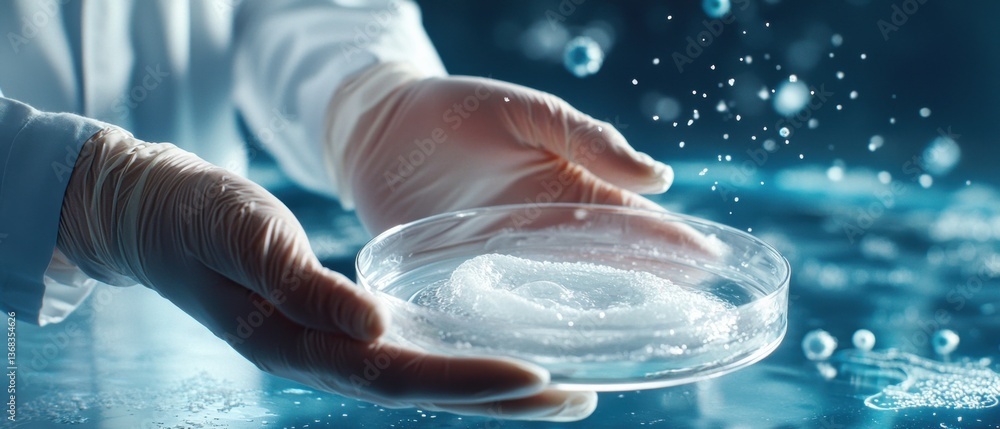 Poster closeup view of a transparent petri dish filled with intricate patterns and textures, showcasing the