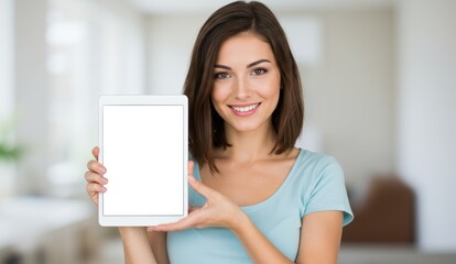 Caucasian woman holding tablet in indoor setting. Engaging expression highlights technology and lifestyle.