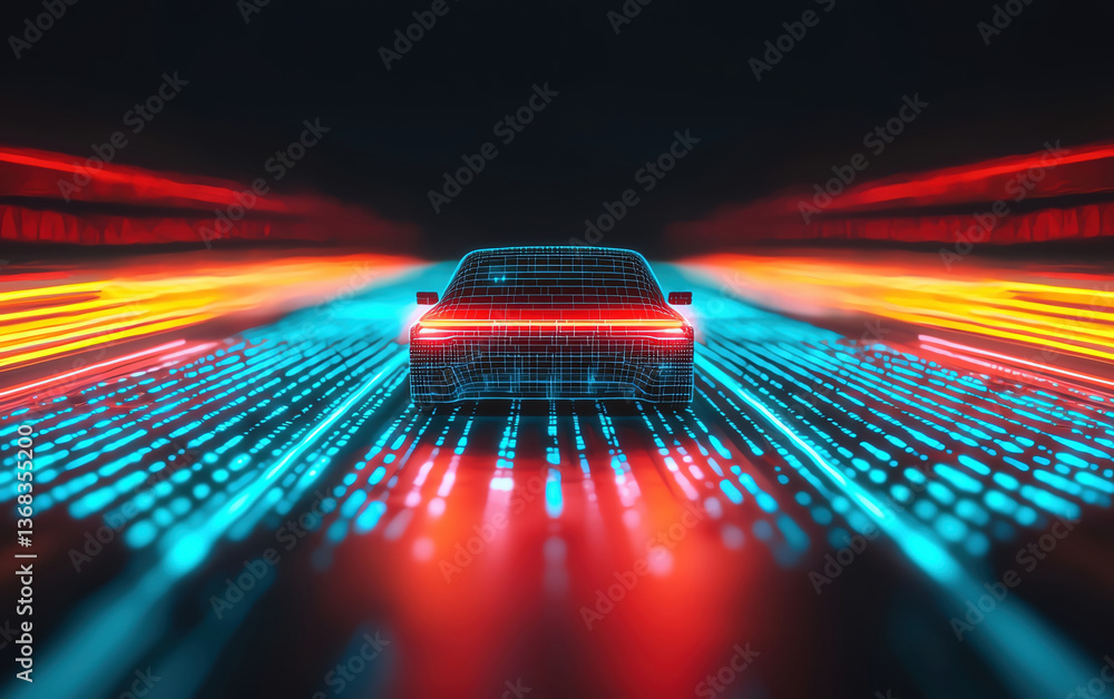 Poster futuristic self driving vehicle with glowing lines and digital patterns, showcasing advanced technol