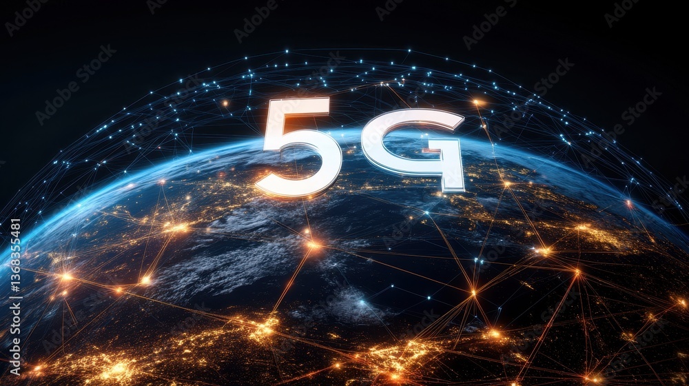 Poster a digital rende of earth at night showing illuminated cities with a large 5g overlaid by a network o
