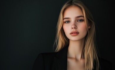 Fototapeta premium Dressed in a tailored black suit, a self assured caucasian businesswoman poses against a minimalistic background, embodying strength and elegance.