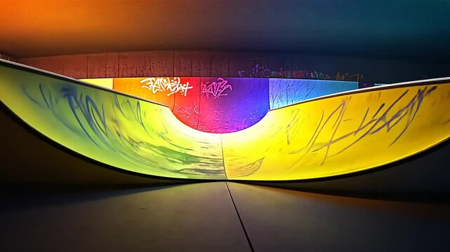 A colorful graffiti-covered half-pipe skate park lit with neon lights under a concrete ceiling.