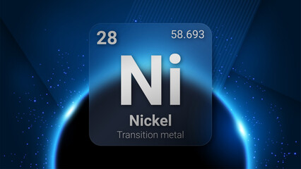 Nickel (Ni) (028) Transition Metal, Glass Morphism Element Futuristic Neon Light Glow Background Periodic Table, Chemical Symbol, Name, Atomic Mass, Atomic Number, Vector Illustration