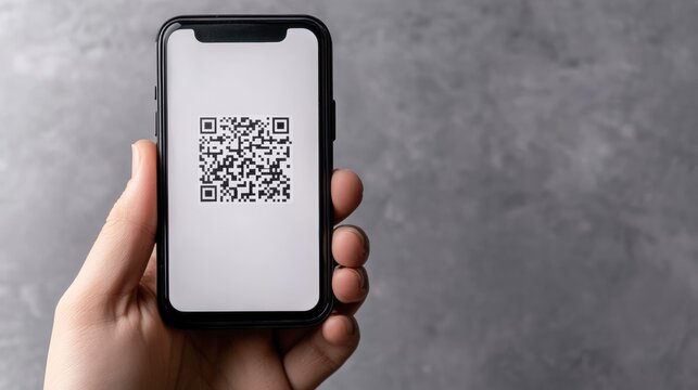 A person holds a smartphone displaying a QR code against a textured background, suitable for applications in technology, marketing, or contactless transactions