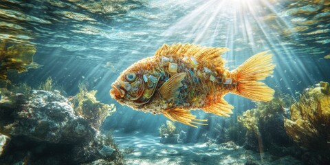 Plastic waste art depicting a dead fish in sunlit ocean depths