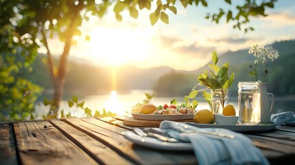 Obraz premium Cozy and Inviting Family Dinner on a Wooden Deck at Sunset with a Warm and Serene Atmosphere. Gathering, Bonding, and Enjoying Time Together Outdoors.