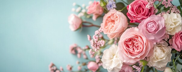 Delicate pink and white roses creating stunning floral arrangement on pastel blue background