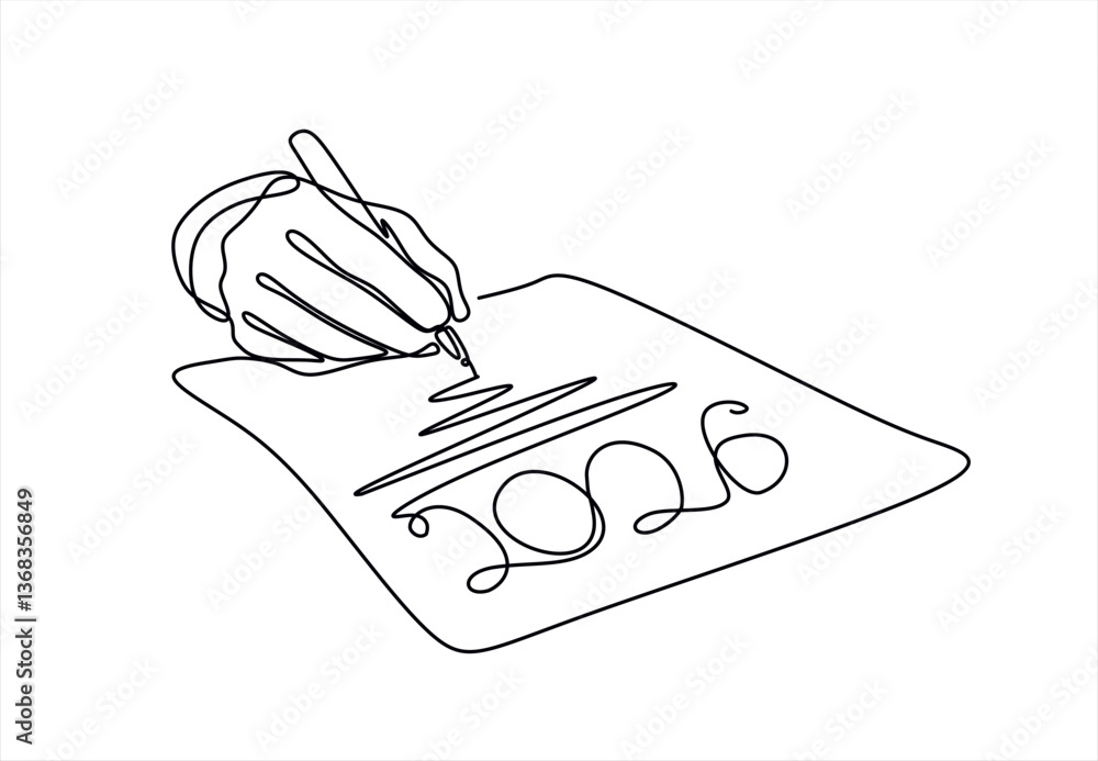 Fototapete continuous line drawing of happy new year 2026 with a hand holding a pen. symbolizing new year resol