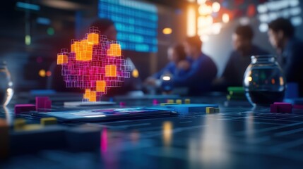 Futuristic Collaborative Workspace Featu Blurred Team in Background and Dynamic Cube-Shaped Data Structure Hove Above the Foreground Area