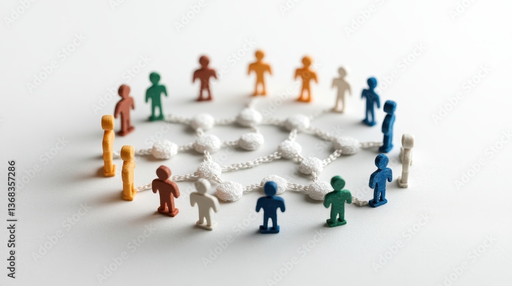 Poster circle of colorful wooden figurines interconnected by small white links against a clean white backgr