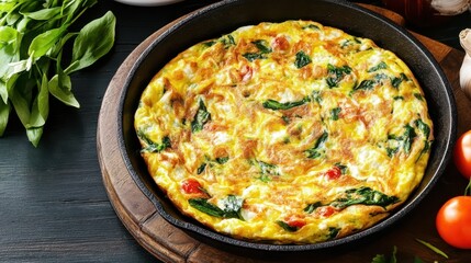 Omelet pan fluffy concept. A delicious frittata featuring spinach and tomatoes, served in a black skillet with fresh basil and other ingredients nearby.