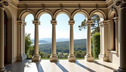 Naklejka premium A classic-style veranda with ornate columns, arched openings, and a scenic view of lush forests and majestic mountains. This serene outdoor space blends timeless architecture with natural beauty