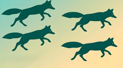 elegant fox silhouettes gliding through atmospheric green to blue gradient for use in nature inspired graphic designs or decorative prints